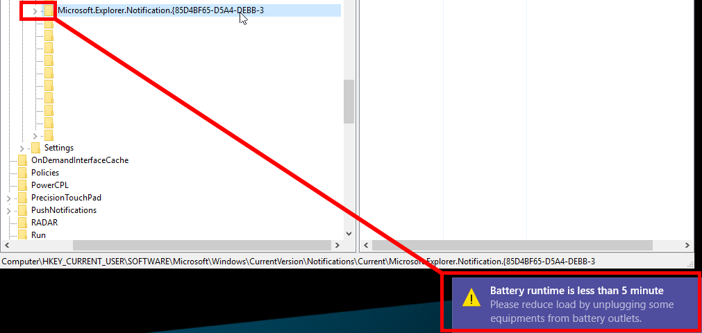 Windows registry notification entry