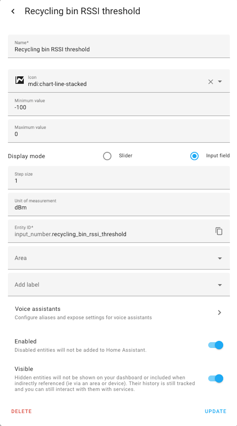 Home Assistant UI showing the creation of an input_number threshold sensor