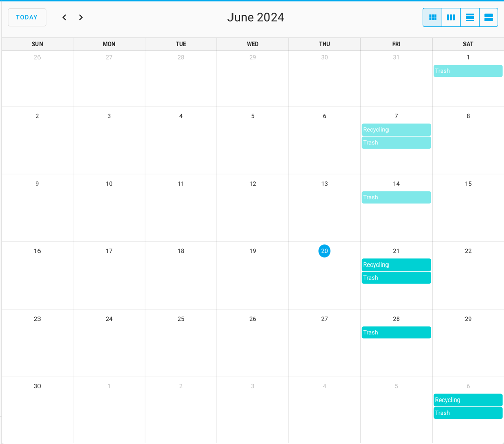 Calendar view in Home Assistant showing the trash and recycling pickup dates for June, 2024.
