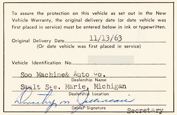 An original Owner Protection Plan booklet scan showing a vehicle was placed into service on November 13, 1963 at Soo Machine & Auto Co. in Sault Ste. Marie, Michigan. It was signed the by the secretary, Dorothy Mae (Ellis) Jollineau