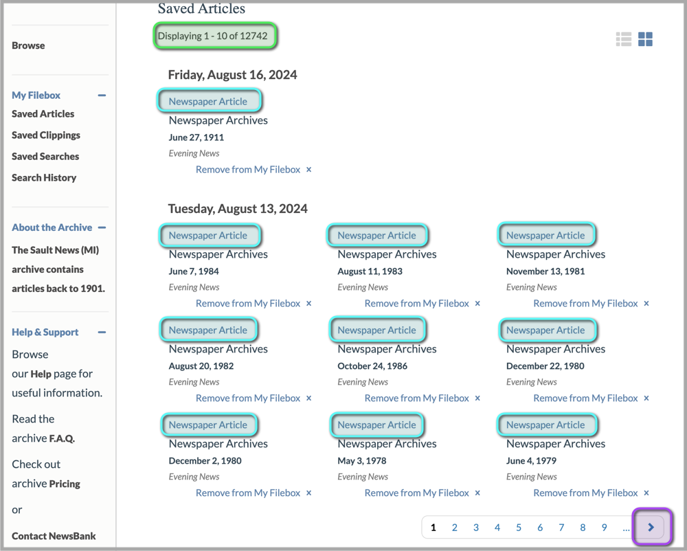 A sample of my saved articles in the filebox on The Sault News Archives