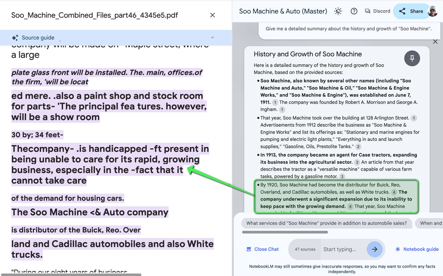 Using NotebookLM to create a summary of "Soo Machine & Auto" from newspaper sources.