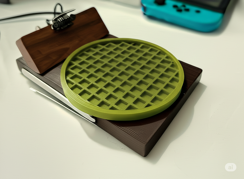 A Gemini AI tweaked image of my original coaster in dark walnut and a green coaster pad