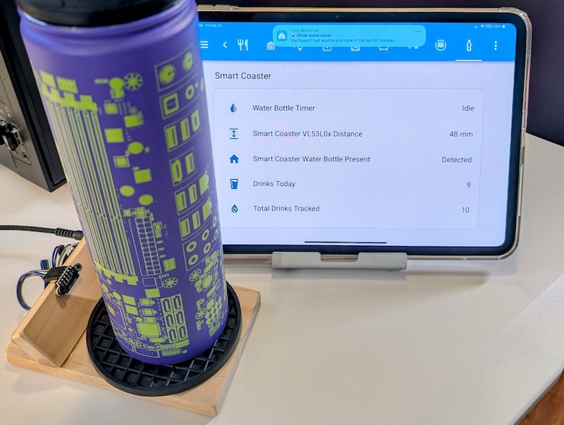 Smart coaster build with Home Assistant dashboard showing data in the back